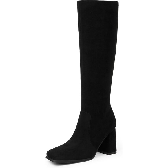 Shoes - Women's Black Modatope Knee Toe Side Zipper High Heel Square Long boots